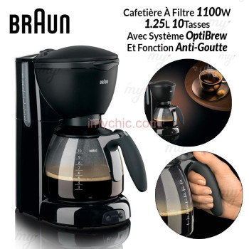Braun KF560 coffeemaker 1100W 10Cups anti drip anti slip OptiBrew System Pivoting filter Black